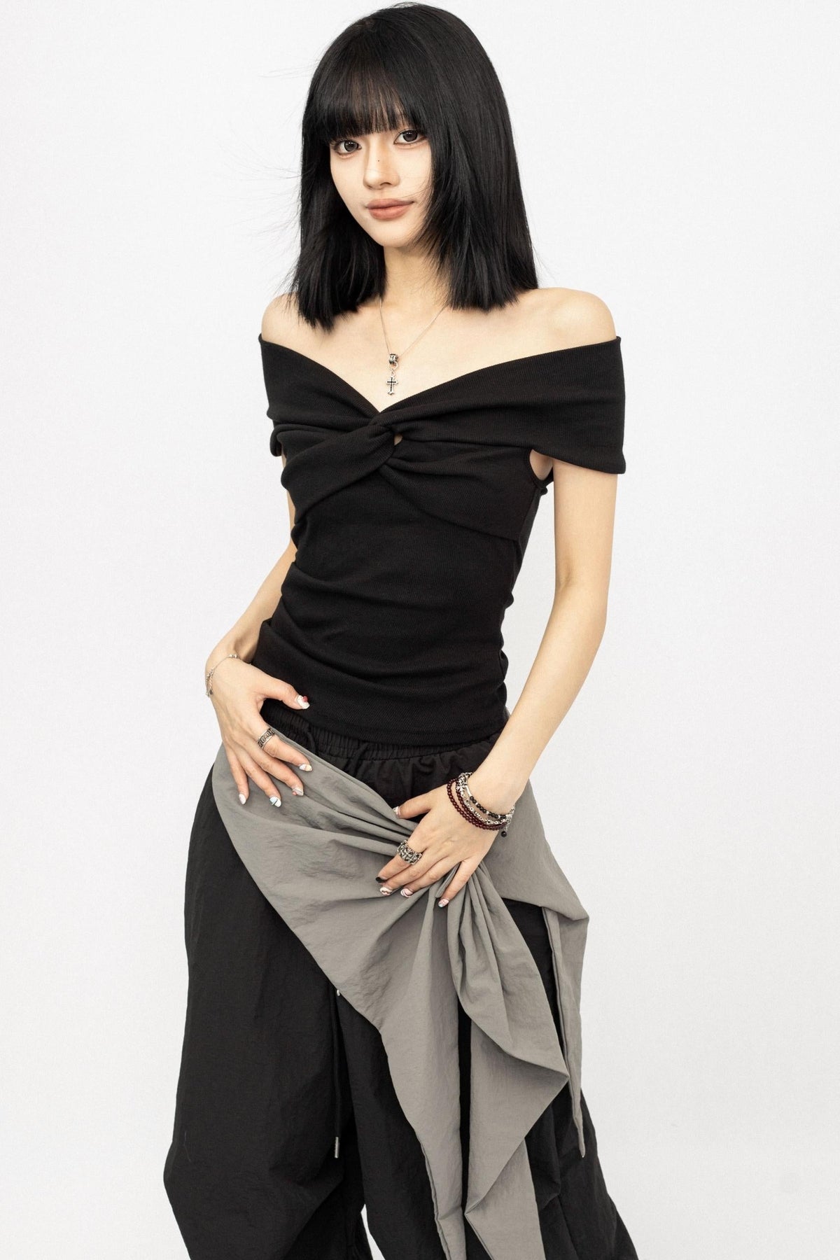 American Black Boat Neck Slim Top