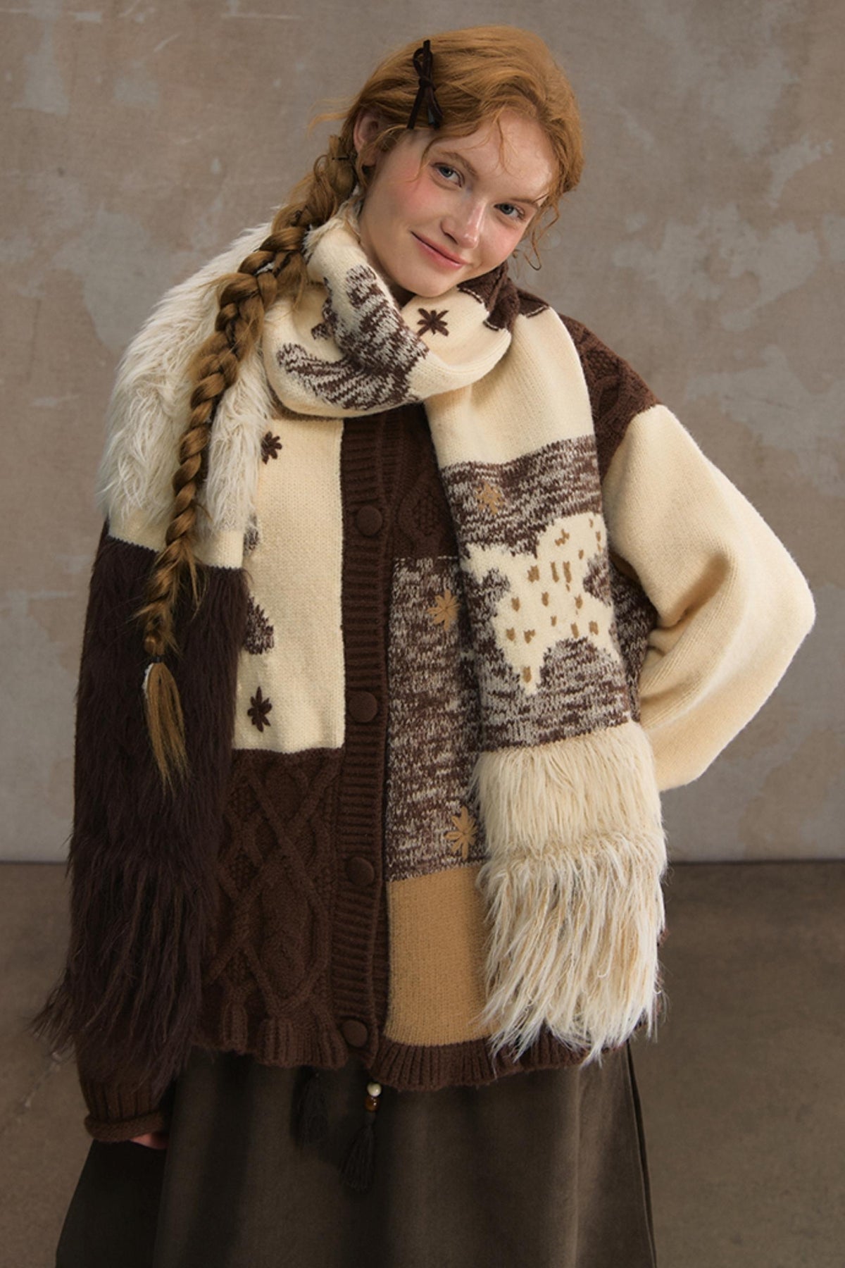 Soft Vintage Crew Neck Cardigan & Scarf Set-Up