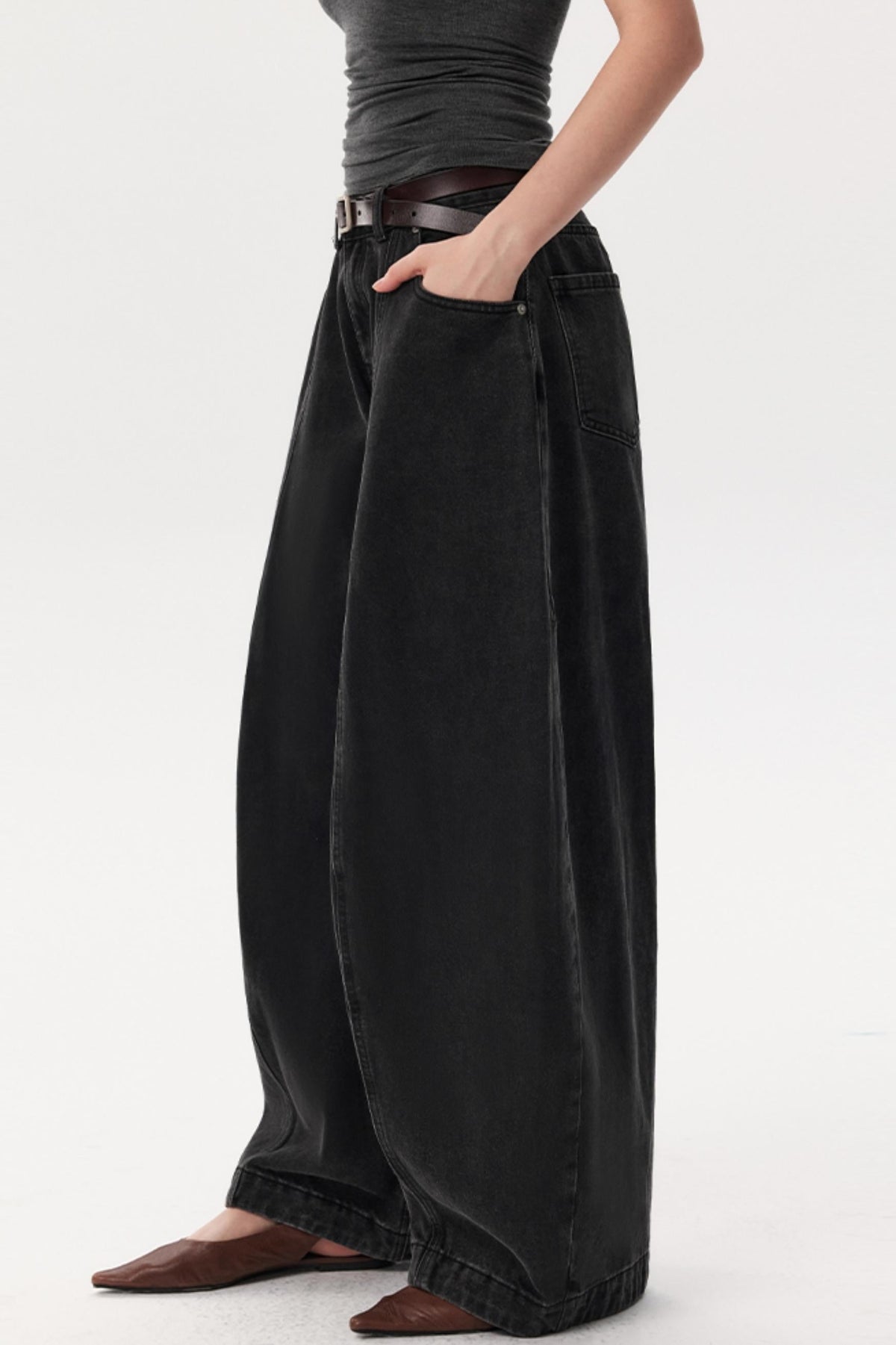 Black Pinch Wide-Leg Jeans Pants