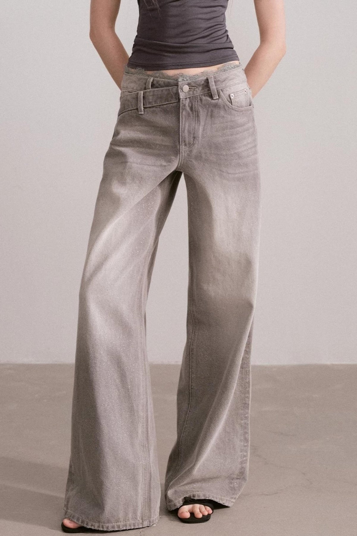 Vintage Lace-Waist Wide-Leg Jeans