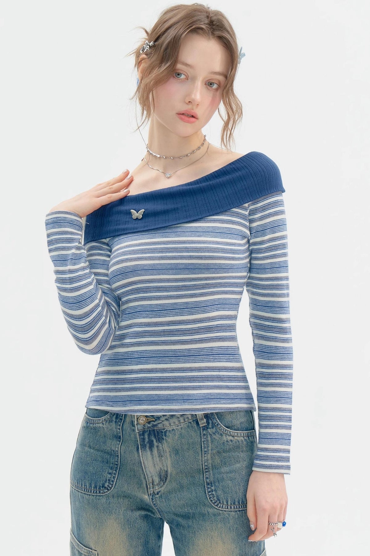 Dark Blue Stripe One-Shoulder Shirt