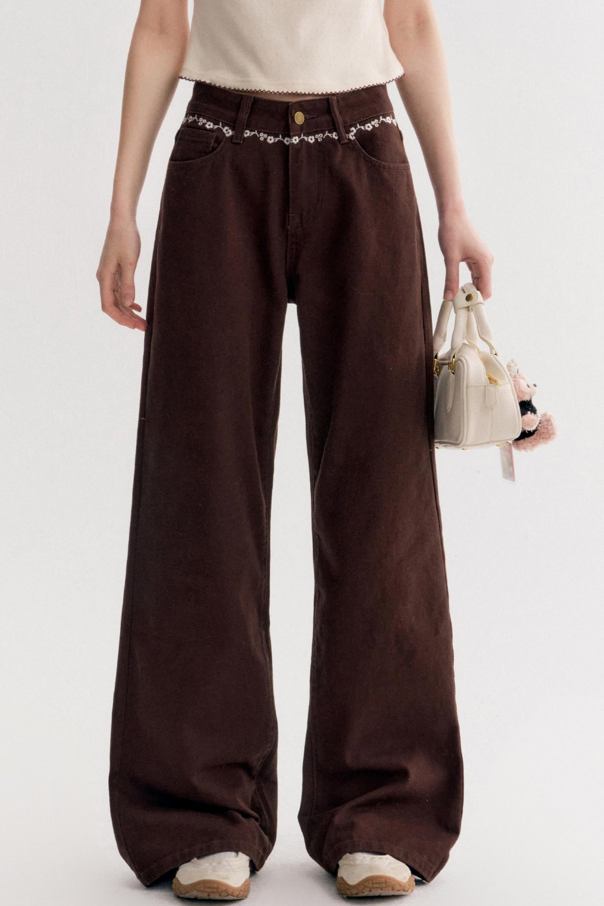 Rich Chocolate Floral Embroidery Wide-Leg Jeans