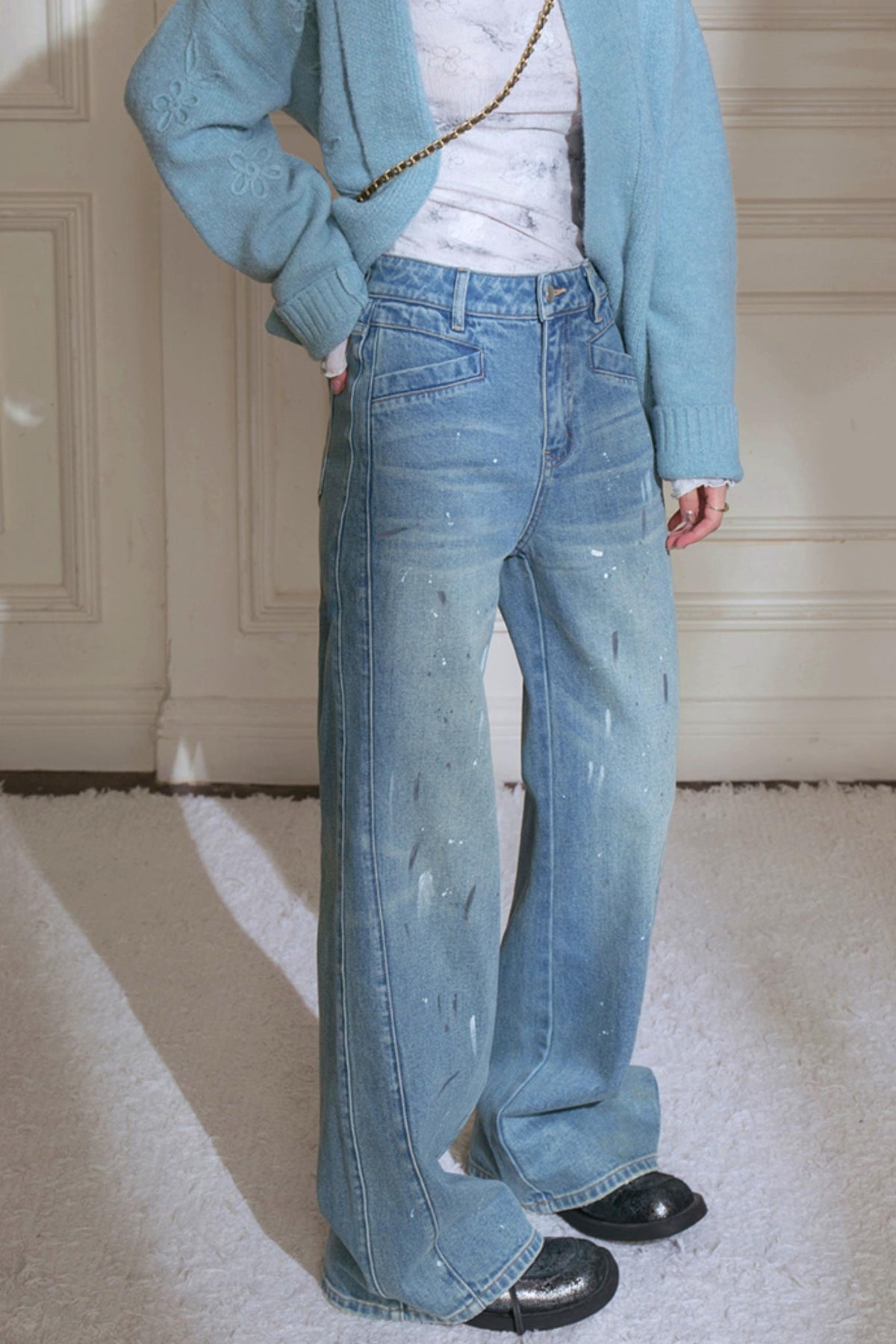 Sky Geometric Straight Jeans