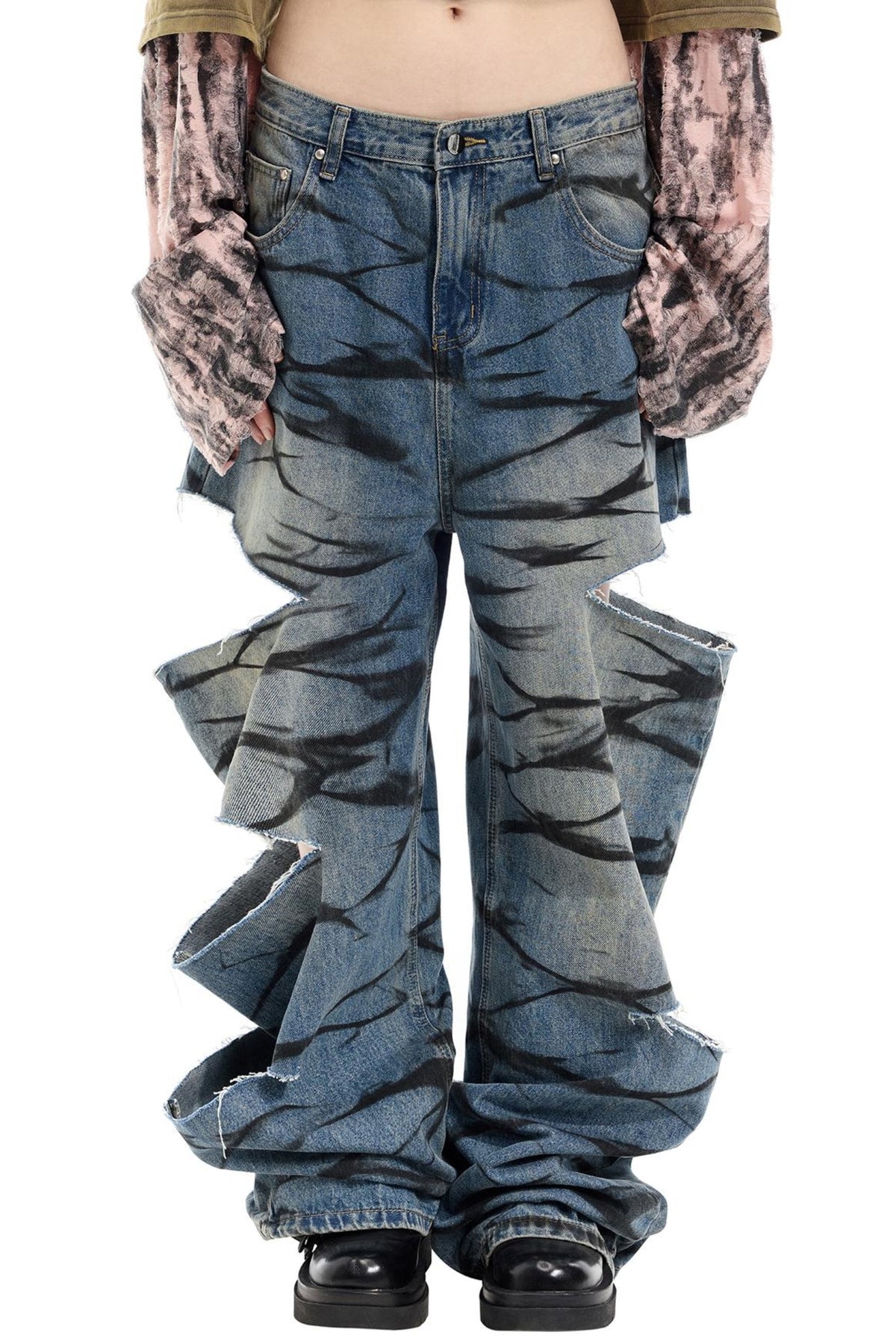 Graffiti Layered Distressed Jeans