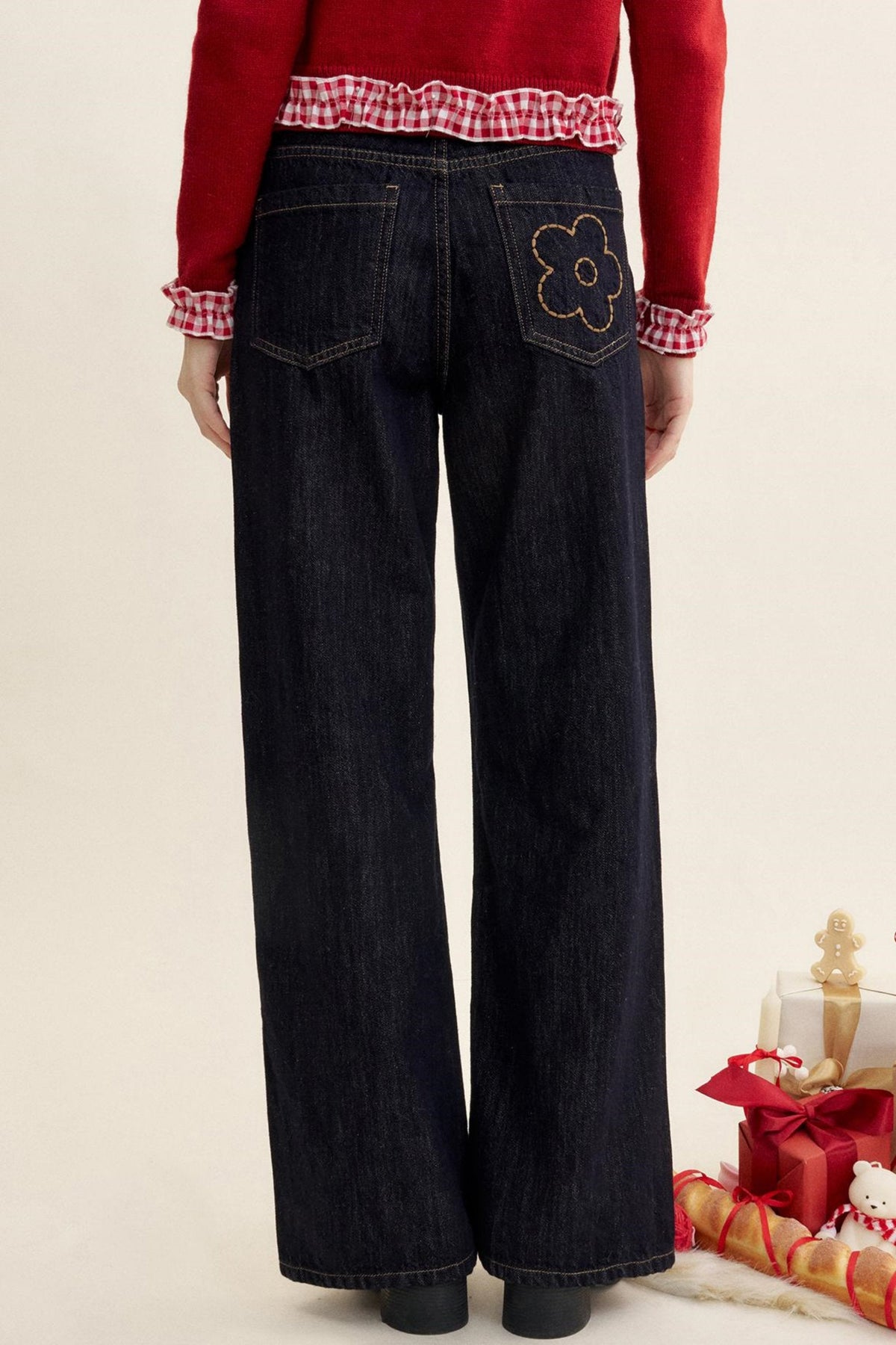 Embroidered Floral High-Waist Wide-Leg Jeans