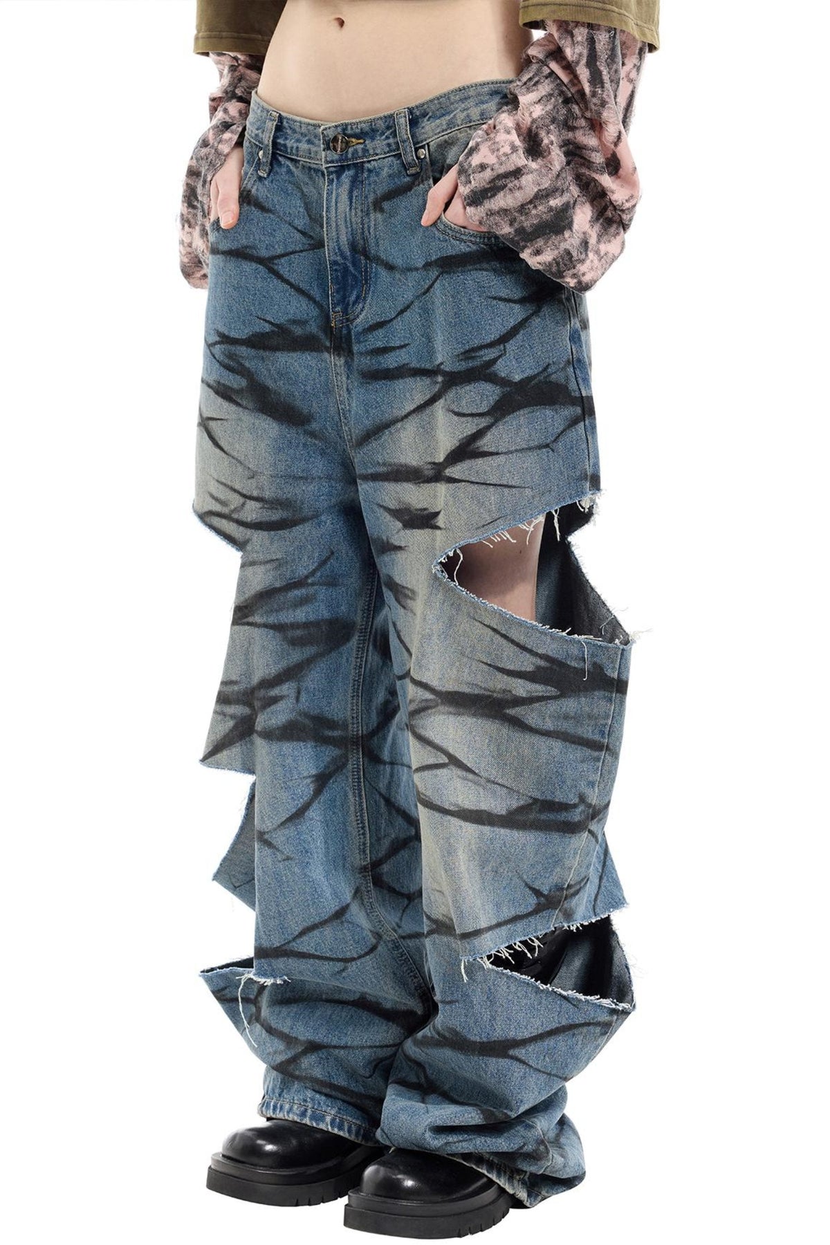 Graffiti Layered Distressed Jeans