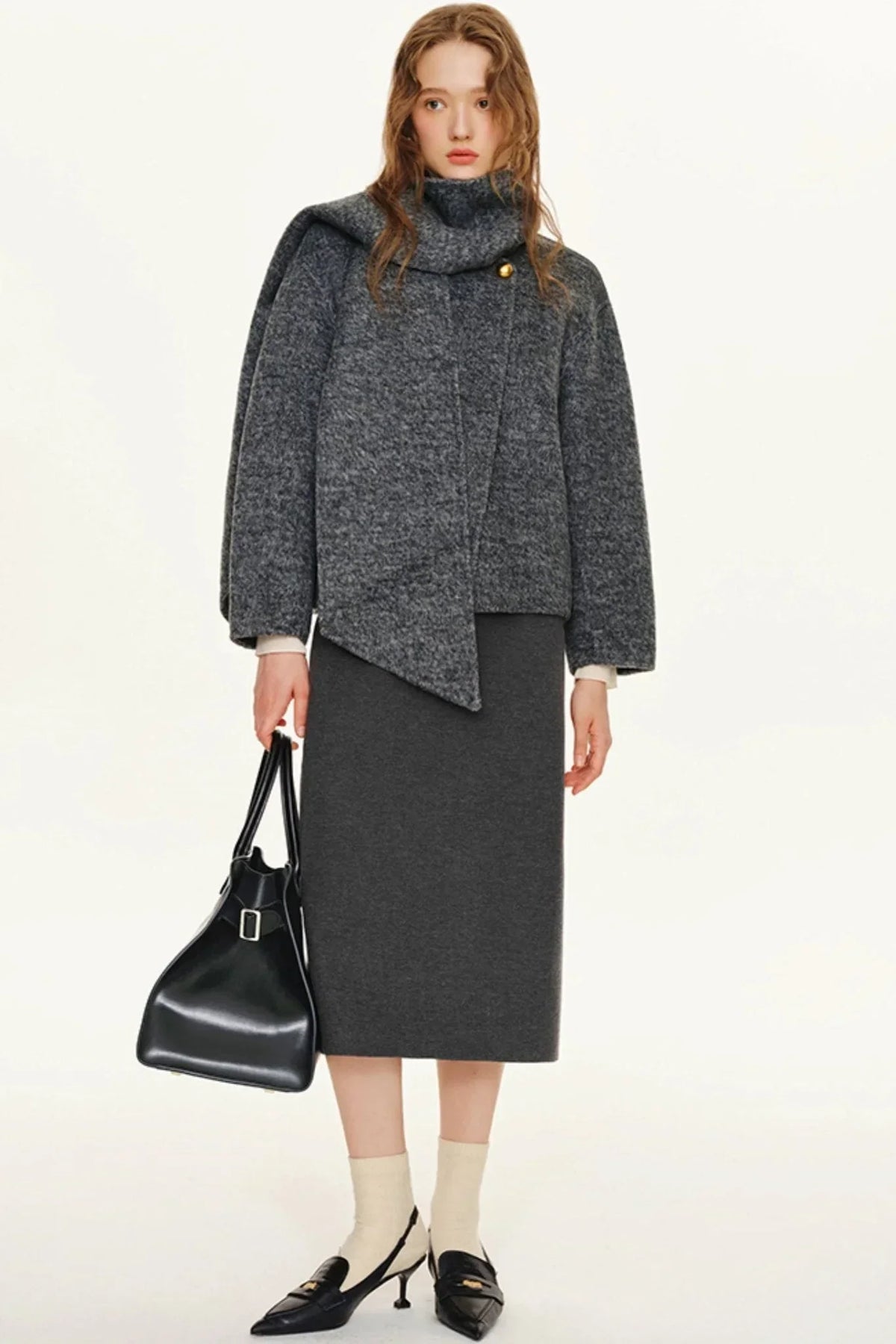 Grey Wool Coat With Scarf Set