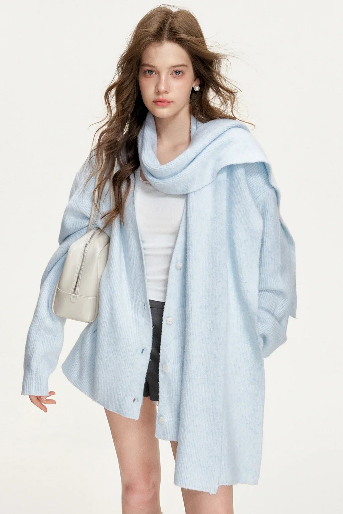 Cloudy Stroll Wool Cardigan Scarf Set