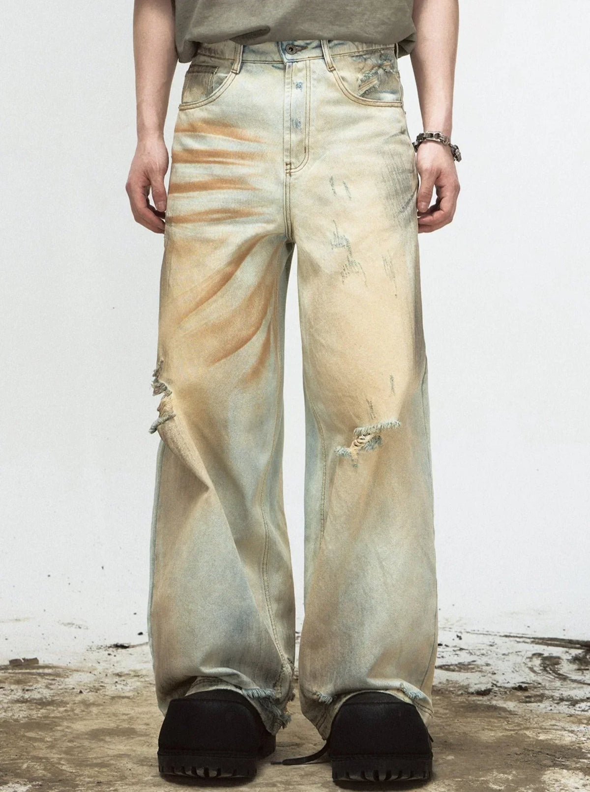 Retro Ripped Yellow Denim Pants