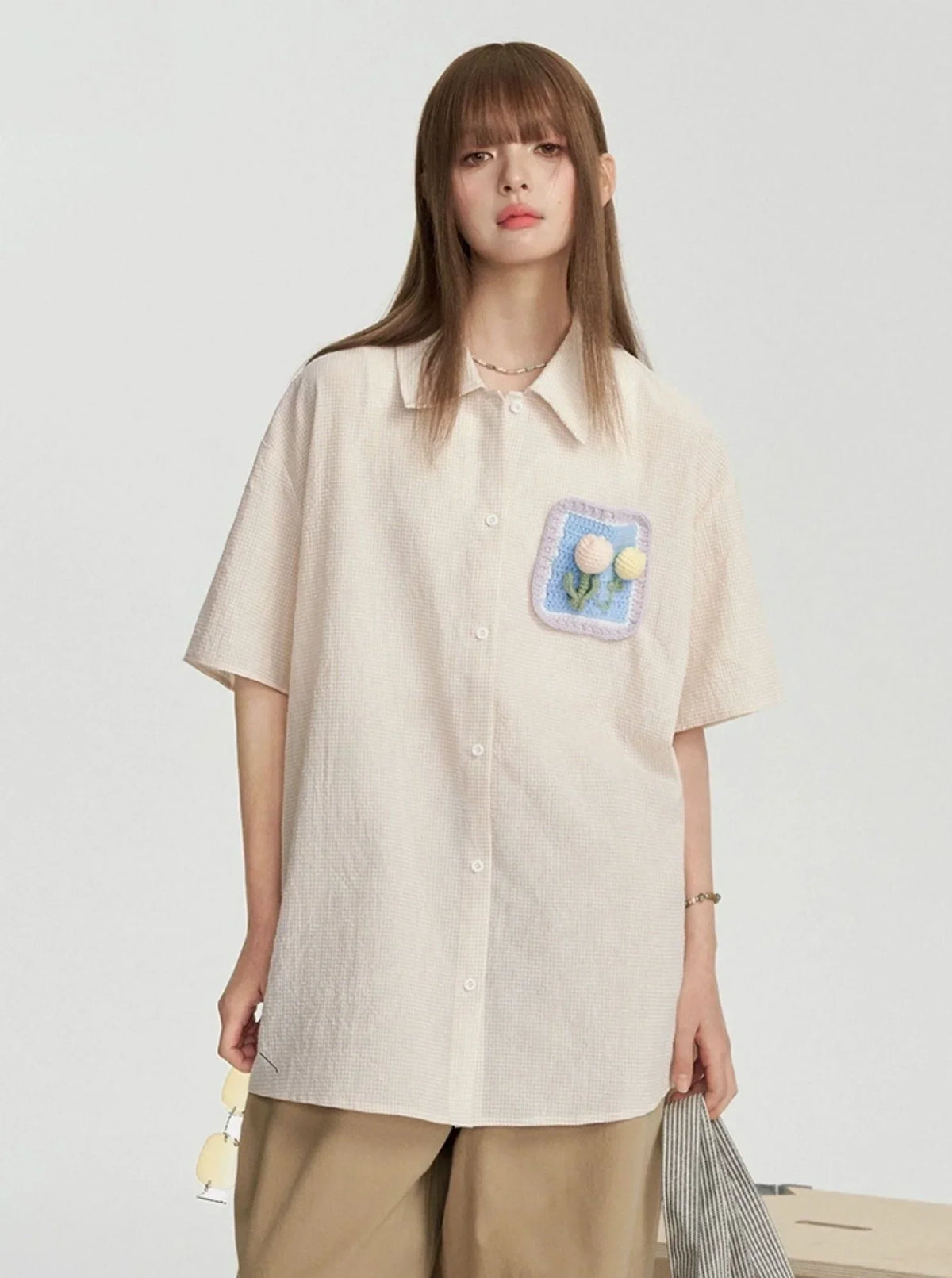 Plaid Crochet Pocket Short-Sleeved Shirt