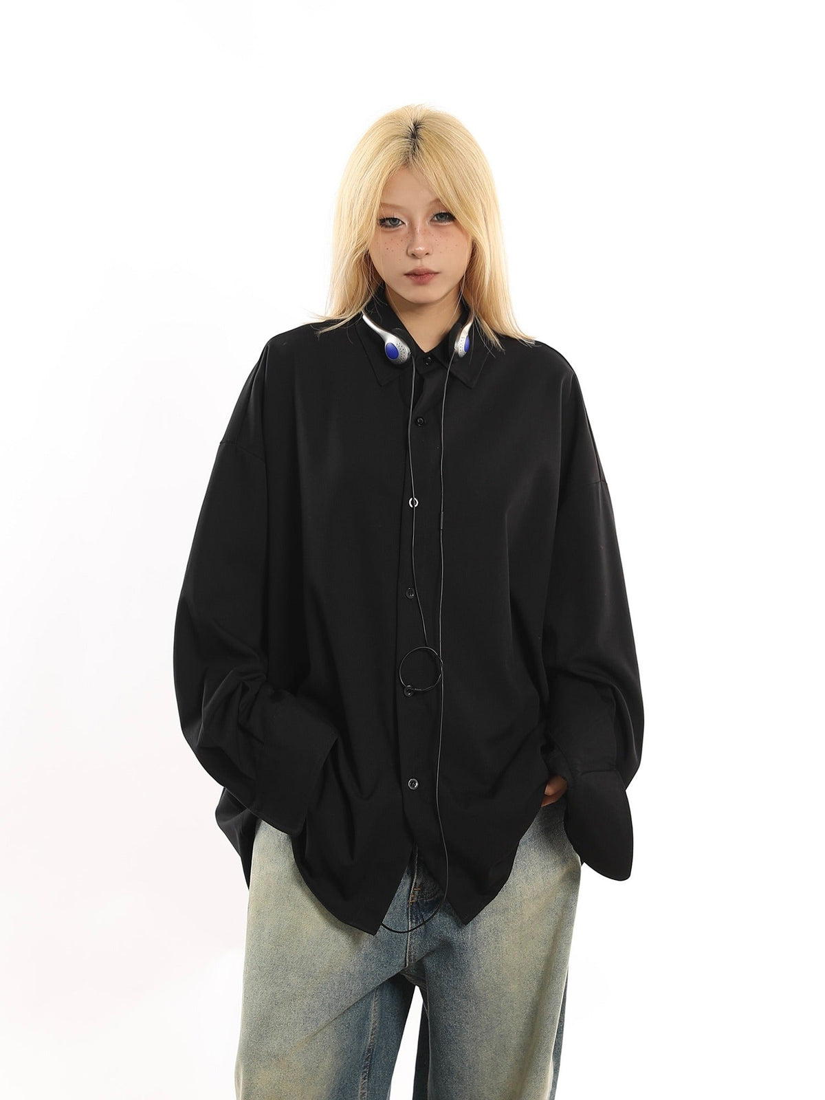 American Retro Loose Drap Solid Color Shirt