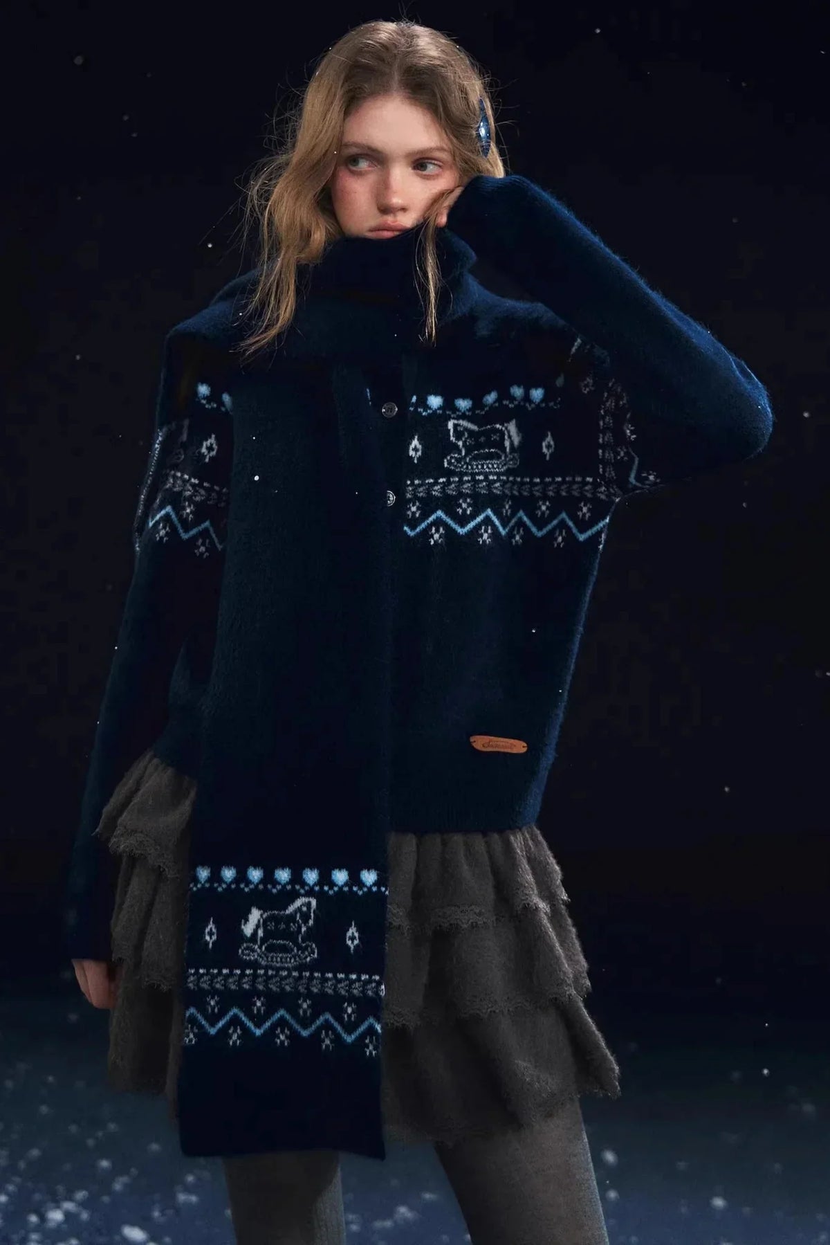 Fair Isle Scarf Cardigan Two-Piece Set