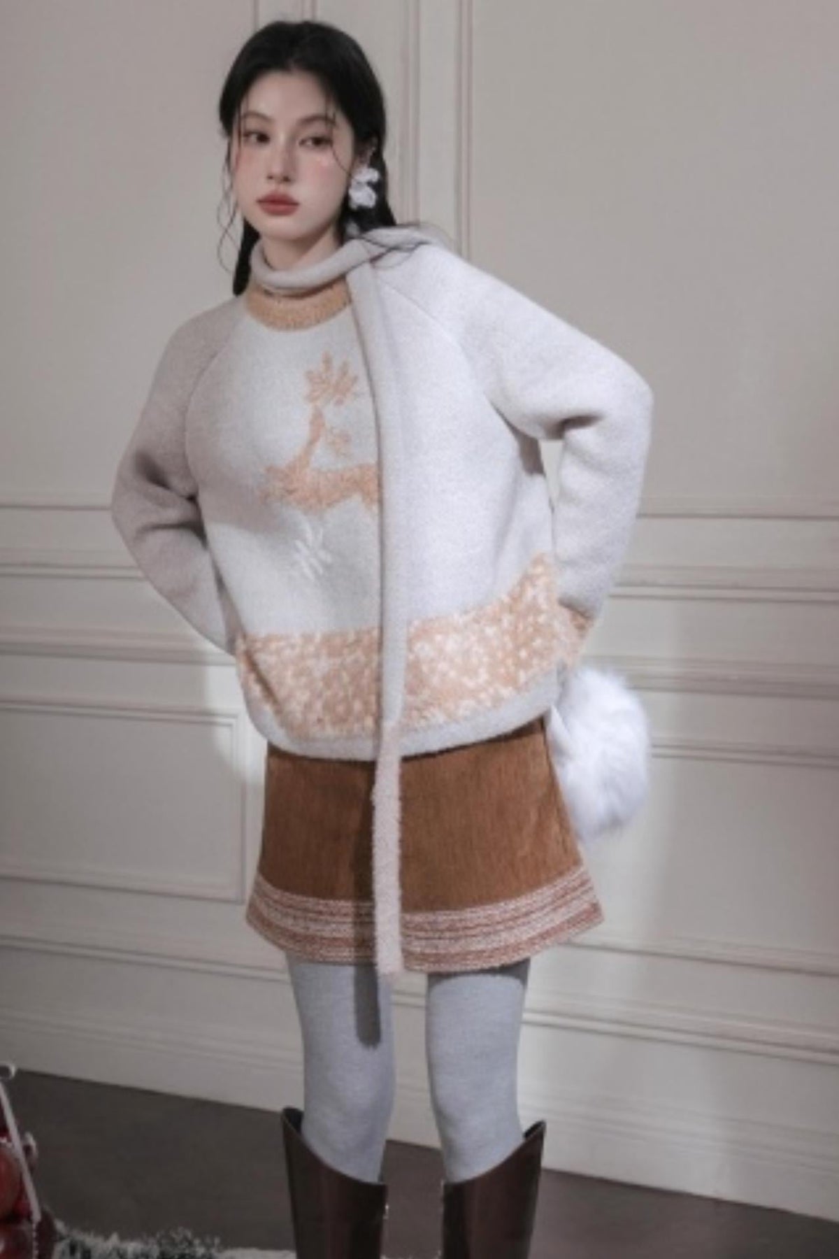 Snow Deer Faux Mink Sweater Scarf Set