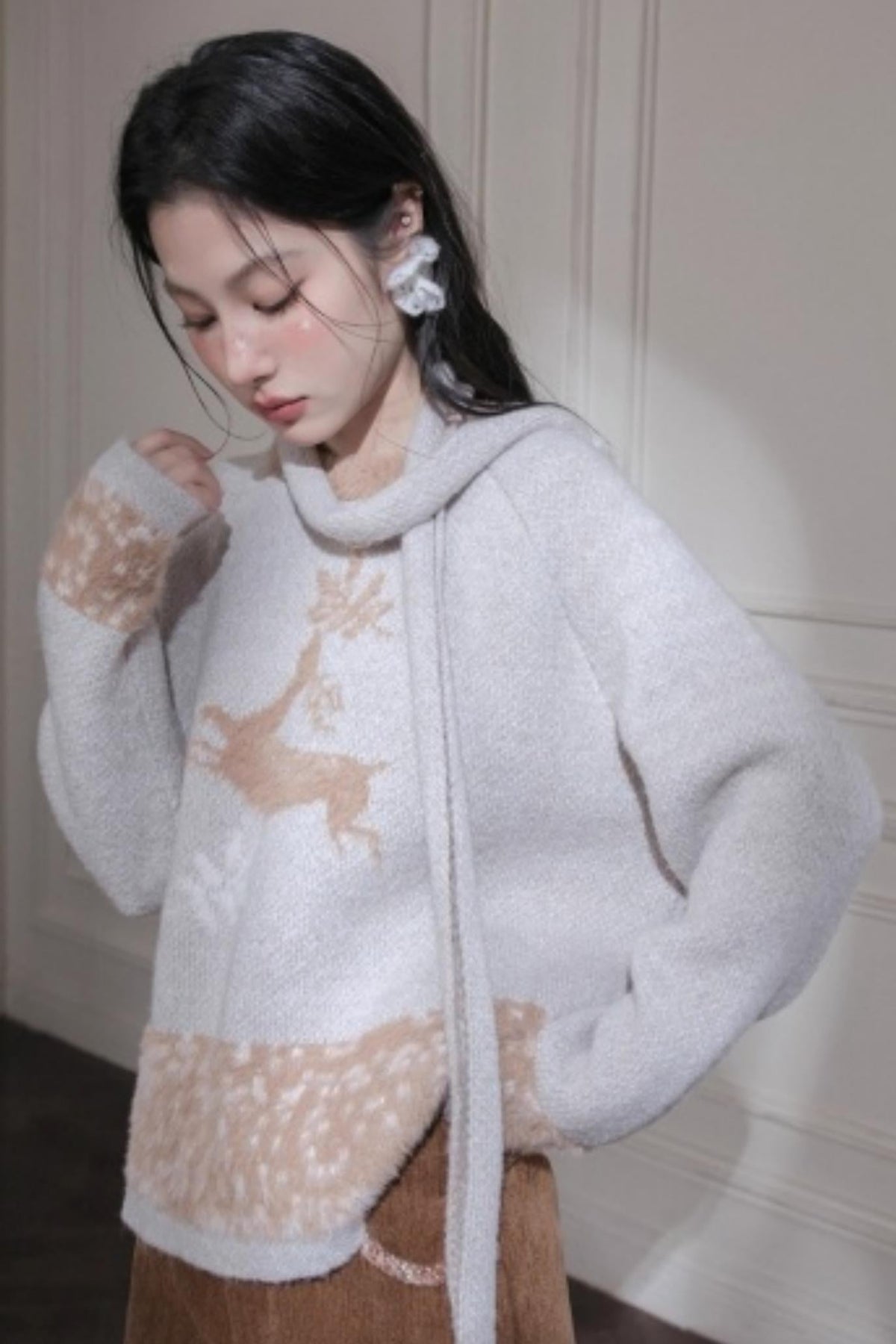 Snow Deer Faux Mink Sweater Scarf Set