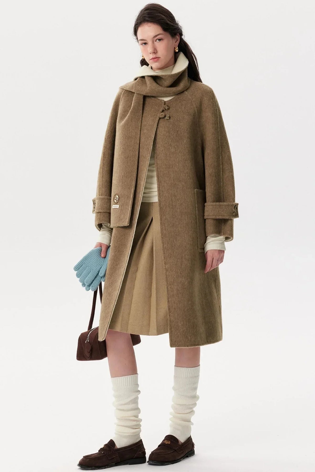 Brown Wool Scarf Collar Outwear