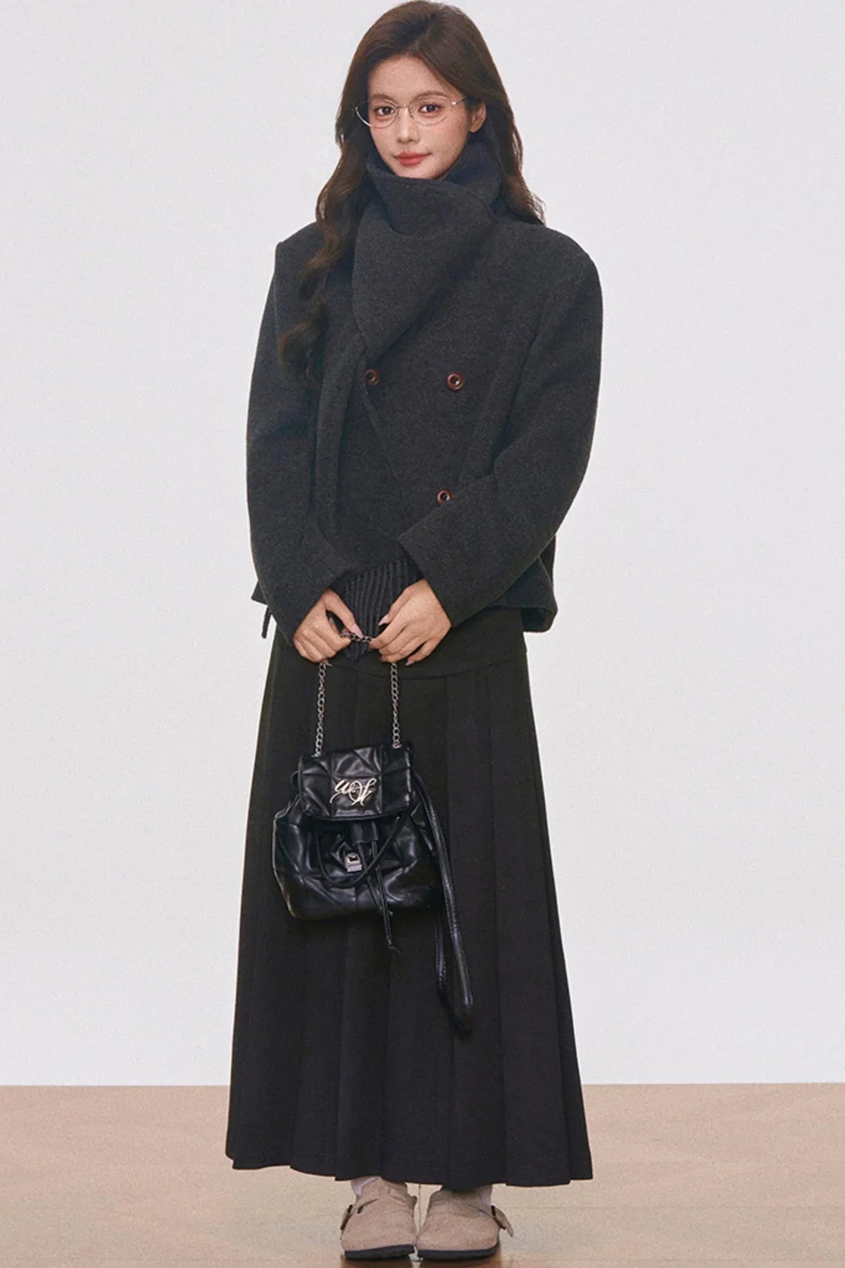 Woolen Coat with Scarf And Skirt Set-Up
